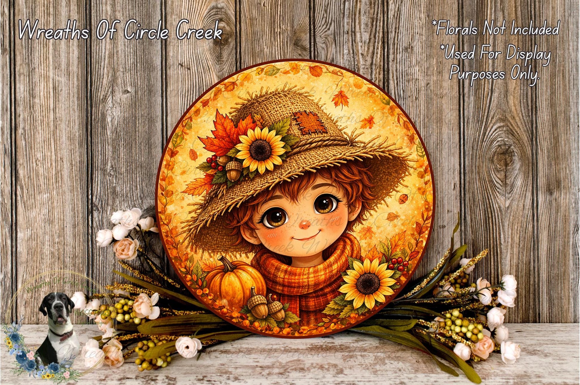 a round, decorative plate with a young girl wearing a straw hat and surrounded by autumn-themed elements such as flowers, leaves, and a pumpkin.