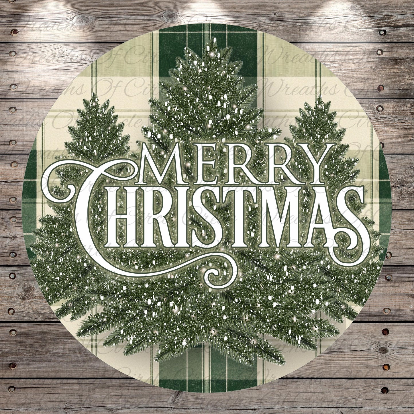 A circular Christmas-themed design with a green and white plaid background and a large, decorative text that reads "MERRY CHRISTMAS" in a cursive font.