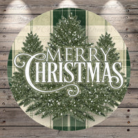 A circular Christmas-themed design with a green and white plaid background and a large, decorative text that reads "MERRY CHRISTMAS" in a cursive font.