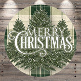 A circular Christmas-themed design with a green and white plaid background and a large, decorative text that reads "MERRY CHRISTMAS" in a cursive font.