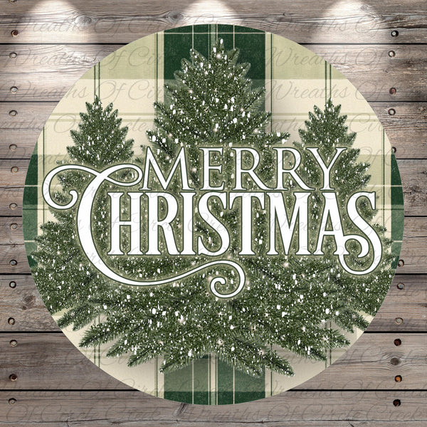 A circular Christmas-themed design with a green and white plaid background and a large, decorative text that reads "MERRY CHRISTMAS" in a cursive font.