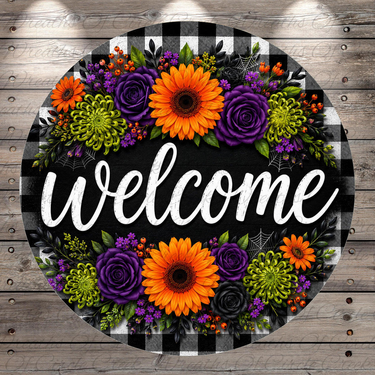A circular welcome sign with a black and white checkered pattern, surrounded by a vibrant arrangement of colorful flowers, including sunflowers, roses, and chrysanthemums.