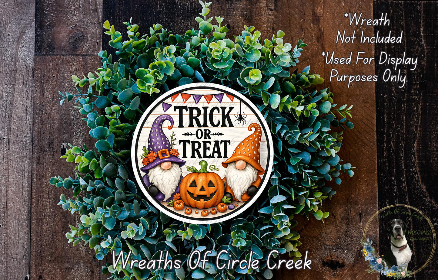 a Halloween-themed wreath made of green foliage and a carved pumpkin, with the text "Trick or Treat" and two gnome-like figures wearing orange hats.