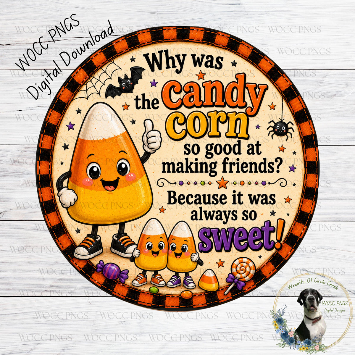 The image is a Halloween-themed illustration featuring a candy corn character surrounded by various Halloween-related elements such as bats, stars, and a spider. The text on the image reads "Why was the candy corn so good at making friends? Because it was always so sweet!"