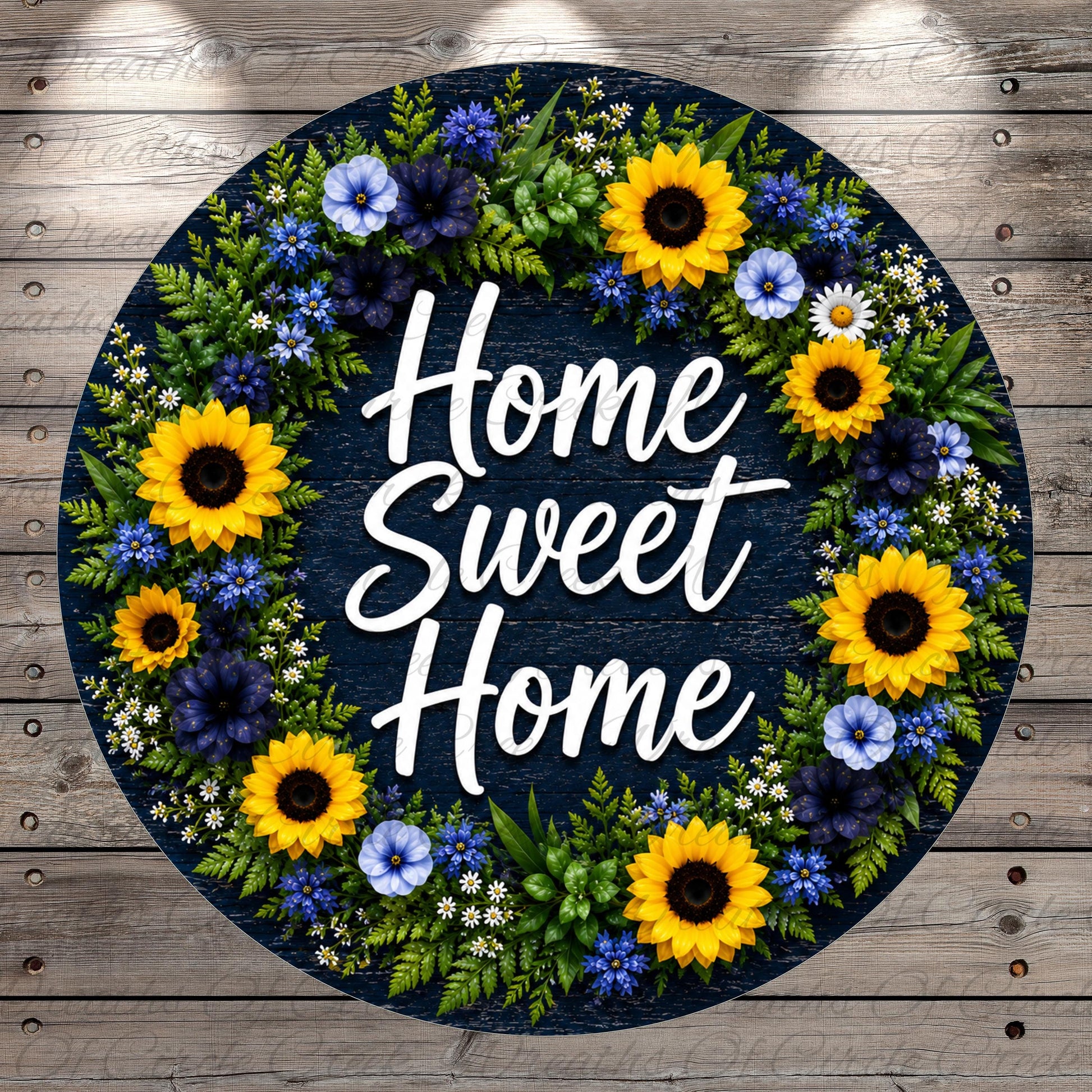 A wreath made of various flowers, including sunflowers, daisies, and other colorful blooms, surrounding the text "Home Sweet Home" in a circular arrangement.