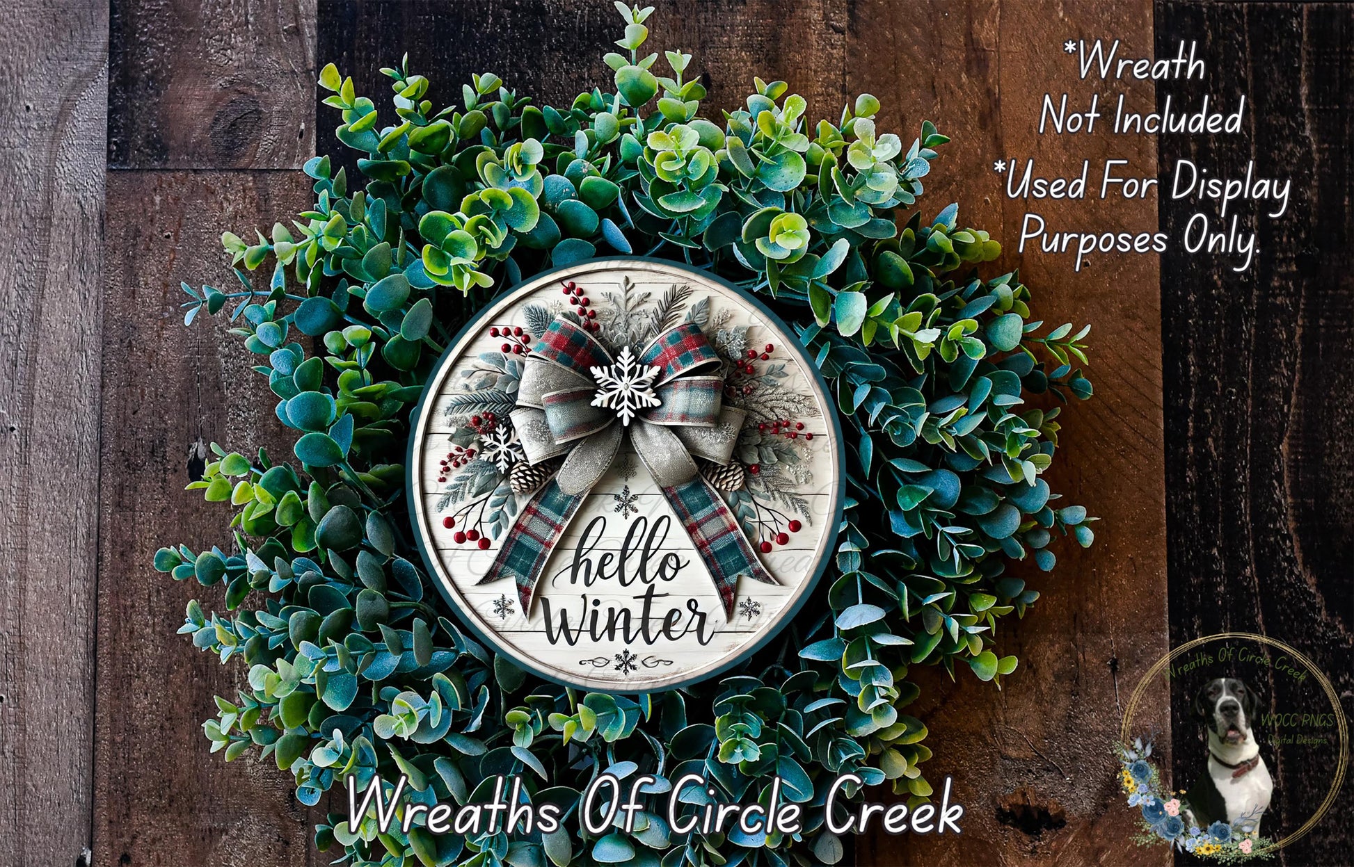 a wreath on a wooden wall with a picture of a dog