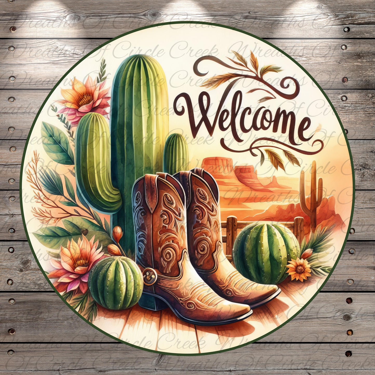 a circular design with a desert-themed border, surrounded by various elements such as cacti, boots, flowers, and a welcoming message.