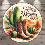 a circular design with a desert-themed border, surrounded by various elements such as cacti, boots, flowers, and a welcoming message.