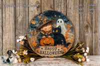 a plate with a picture of a boy and a cat on it