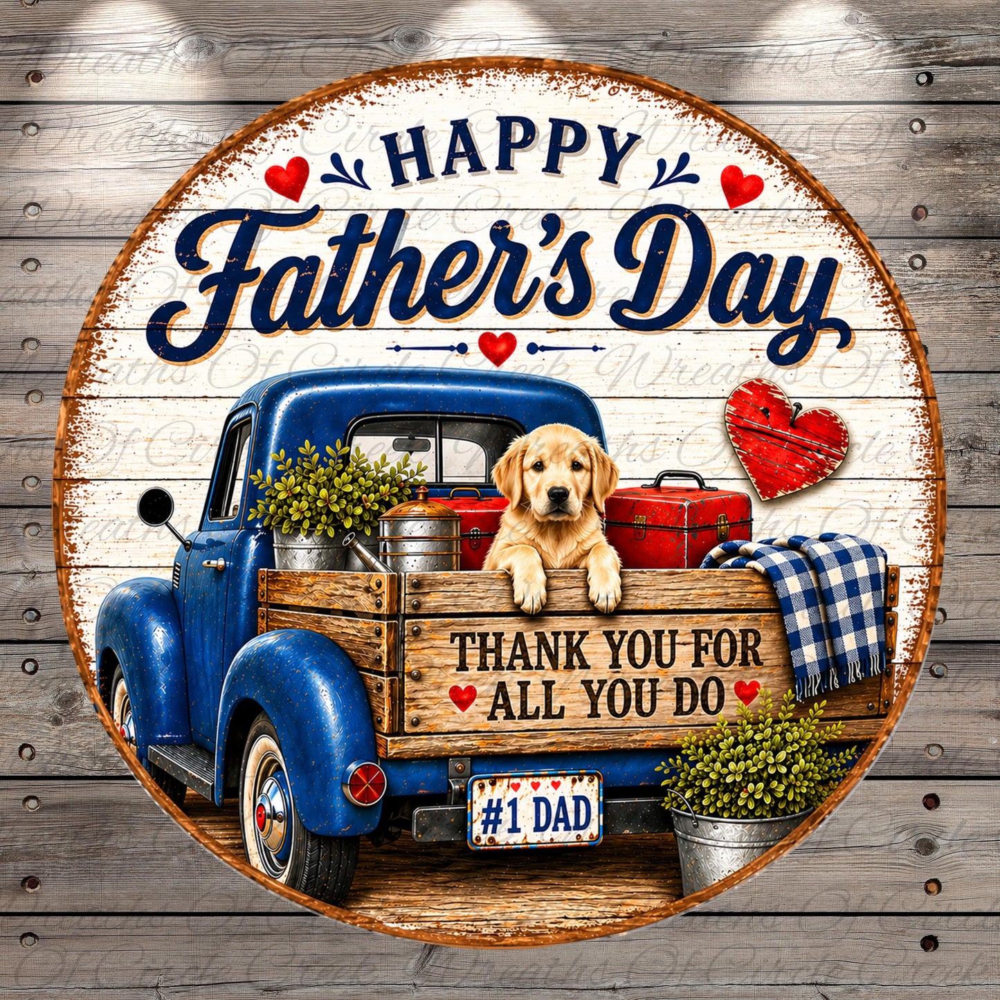 A blue vintage truck with a dog in the bed, surrounded by various objects such as a heart, a suitcase, and a blanket, with the text "Happy Father's Day" and "Thank you for all you do" displayed on the truck.