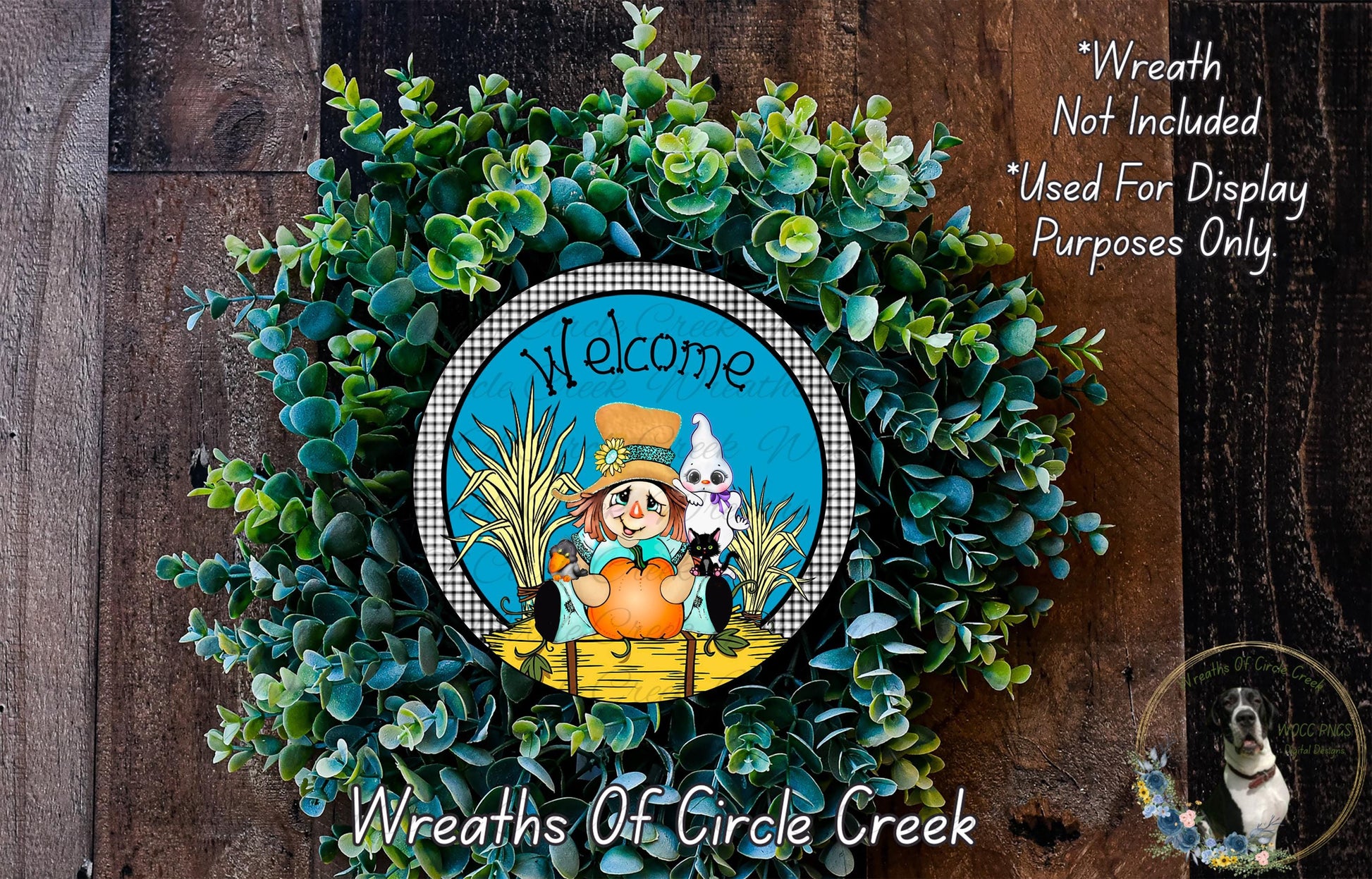 a wreath with a picture of a scarecrow on it