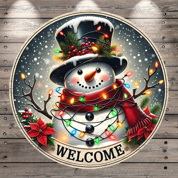 A snowman wearing a top hat and scarf, surrounded by colorful lights and flowers, with the word "WELCOME" written below.