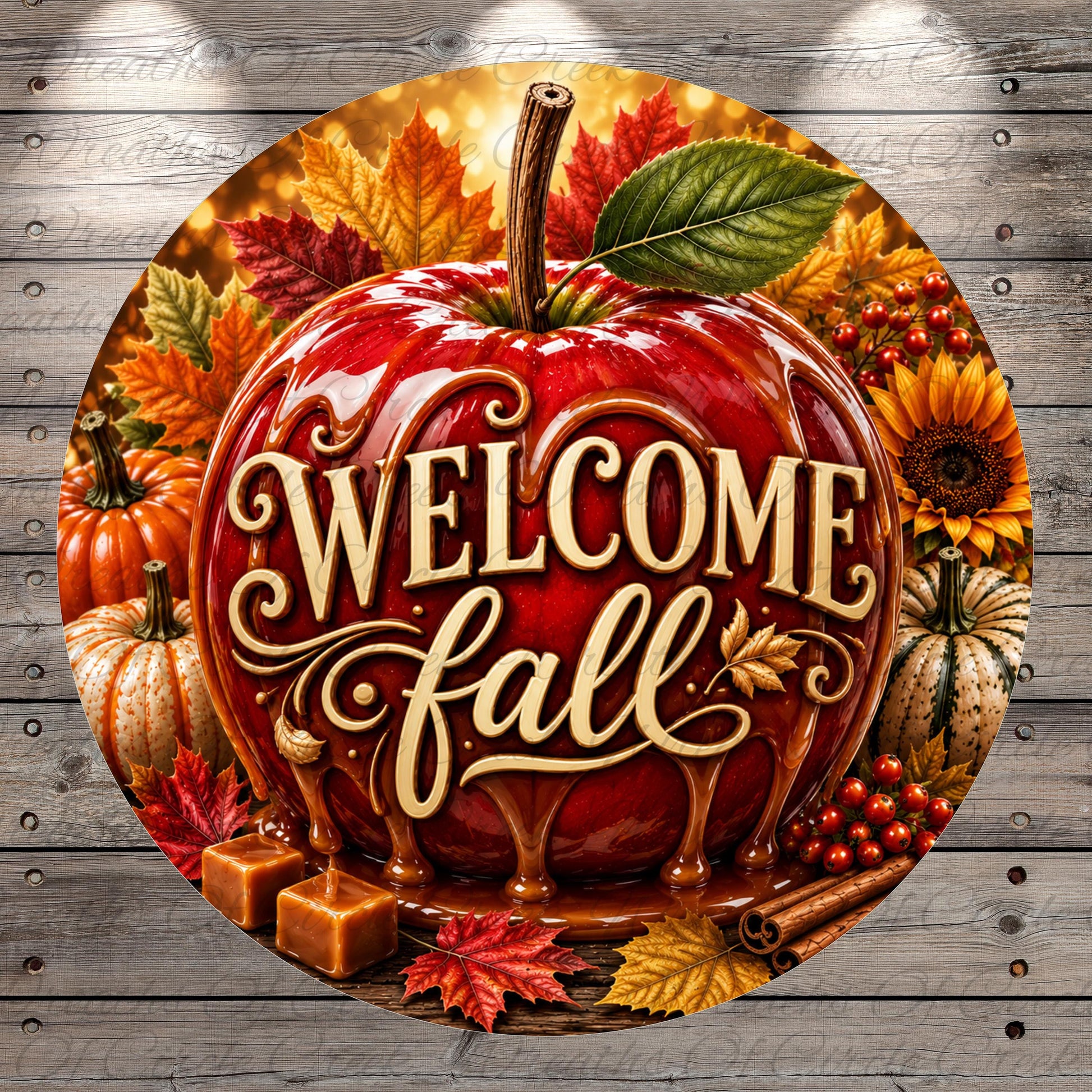 A large red apple with the text "WELCOME fall" written on it, surrounded by autumn leaves, pumpkins, sunflowers, and other fall-themed decorations.