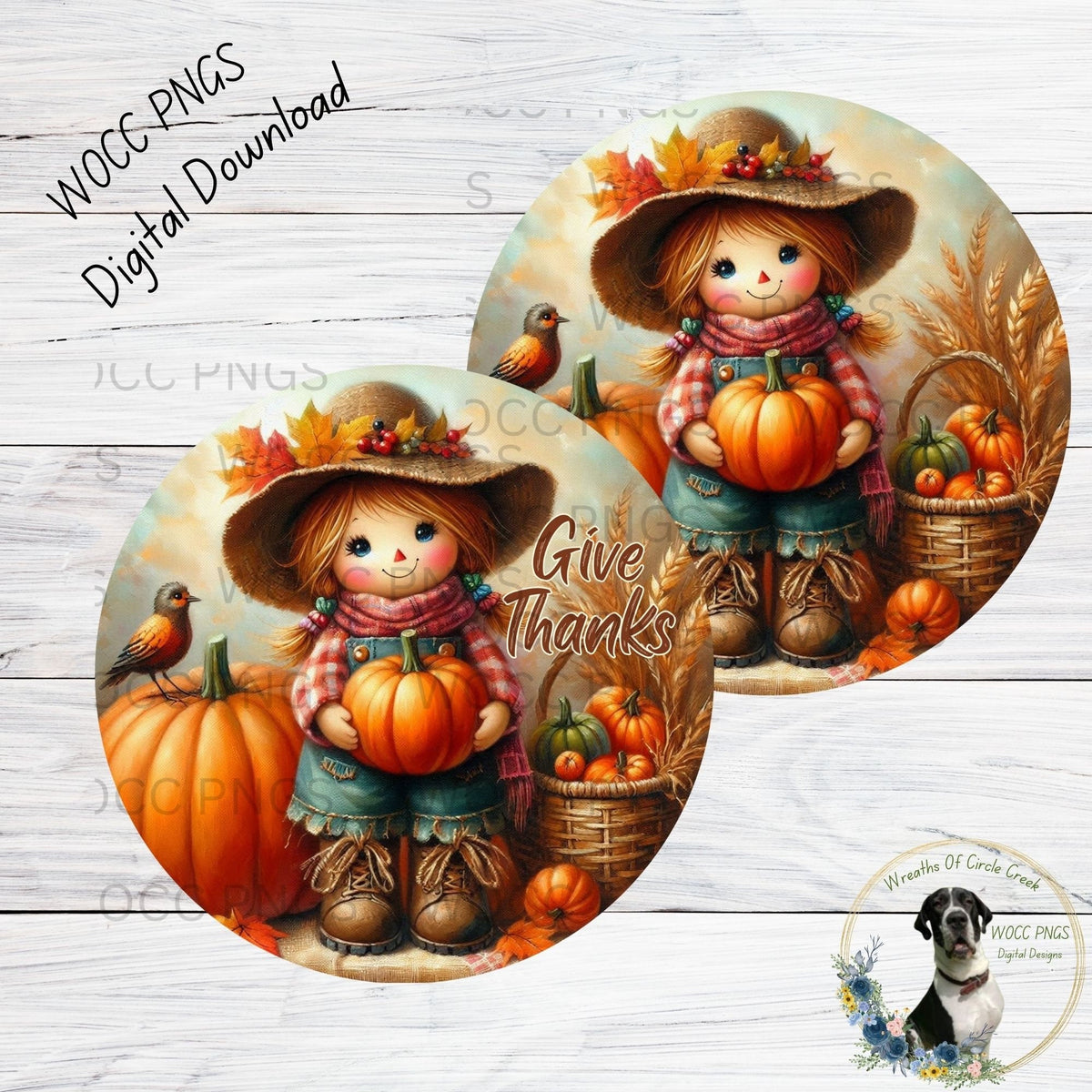 Farm Girl, Scarecrow, Holding Pumpkin, Give Thanks, Round, PNG, Sublimation, Printable, DIGITAL DOWNLOAD