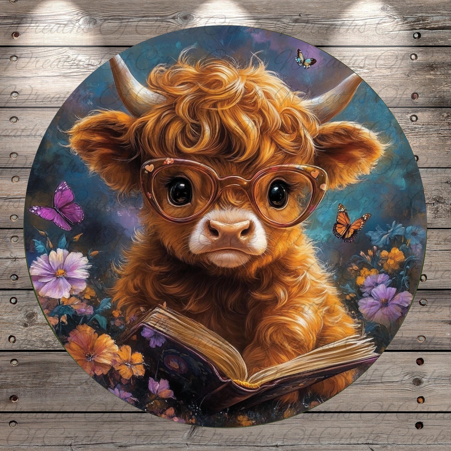 a painting of a cow wearing glasses reading a book