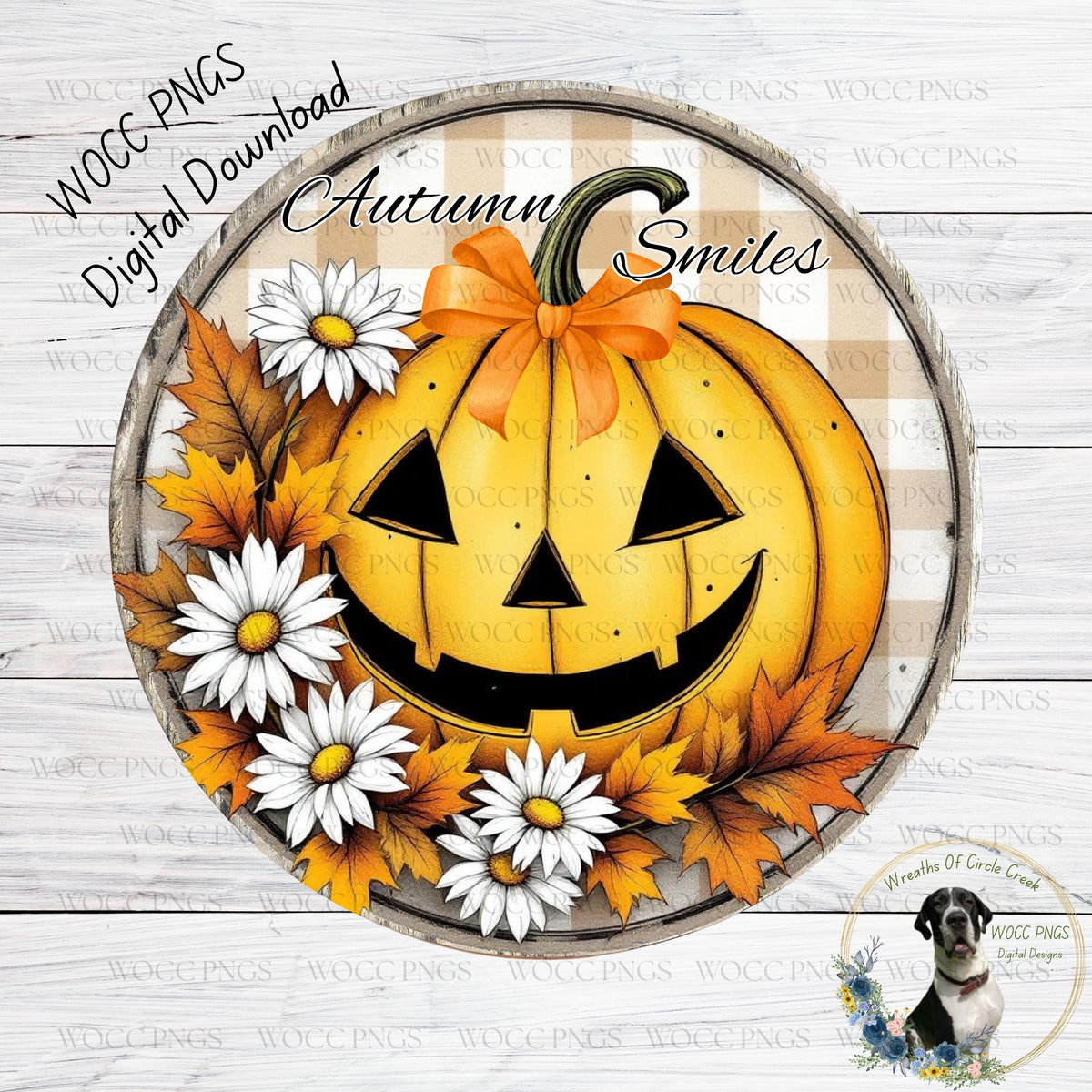 A Halloween-themed pumpkin decoration with a bow, surrounded by white daisies and autumn leaves, with the text "Autumn Smiles" and "WCCPNGS" displayed.