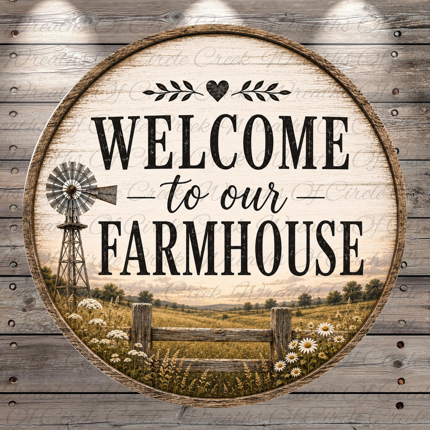 a circular sign with the text "Welcome to our Farmhouse" and a windmill in the background, set against a rural landscape with a wooden fence and flowers.