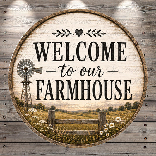 a circular sign with the text "Welcome to our Farmhouse" and a windmill in the background, set against a rural landscape with a wooden fence and flowers.