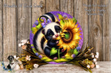 A whimsical illustration of a skunk holding a sunflower, surrounded by flowers and foliage, set against a wooden background.