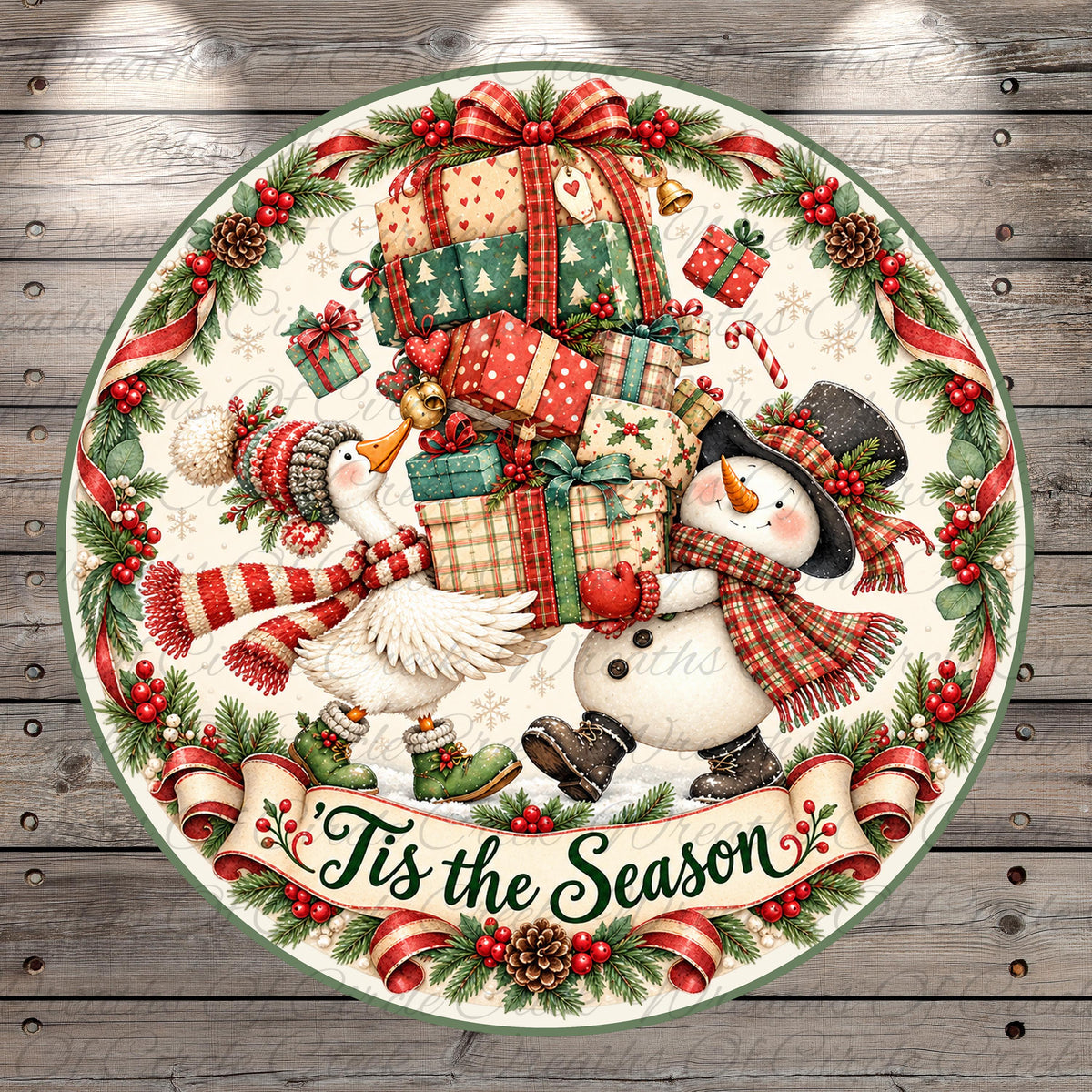 A festive Christmas-themed illustration featuring a snowman, a duck, and various holiday decorations such as presents, berries, and a banner with the text "Tis the Season".