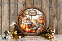 A decorative wreath with a cat resting on a pumpkin, surrounded by autumn foliage and flowers, with a "Welcome Fall" sign.
