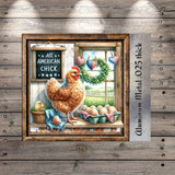 The image is a framed painting depicting a chicken standing on a windowsill, surrounded by various farm-related items such as eggs and a wreath.
