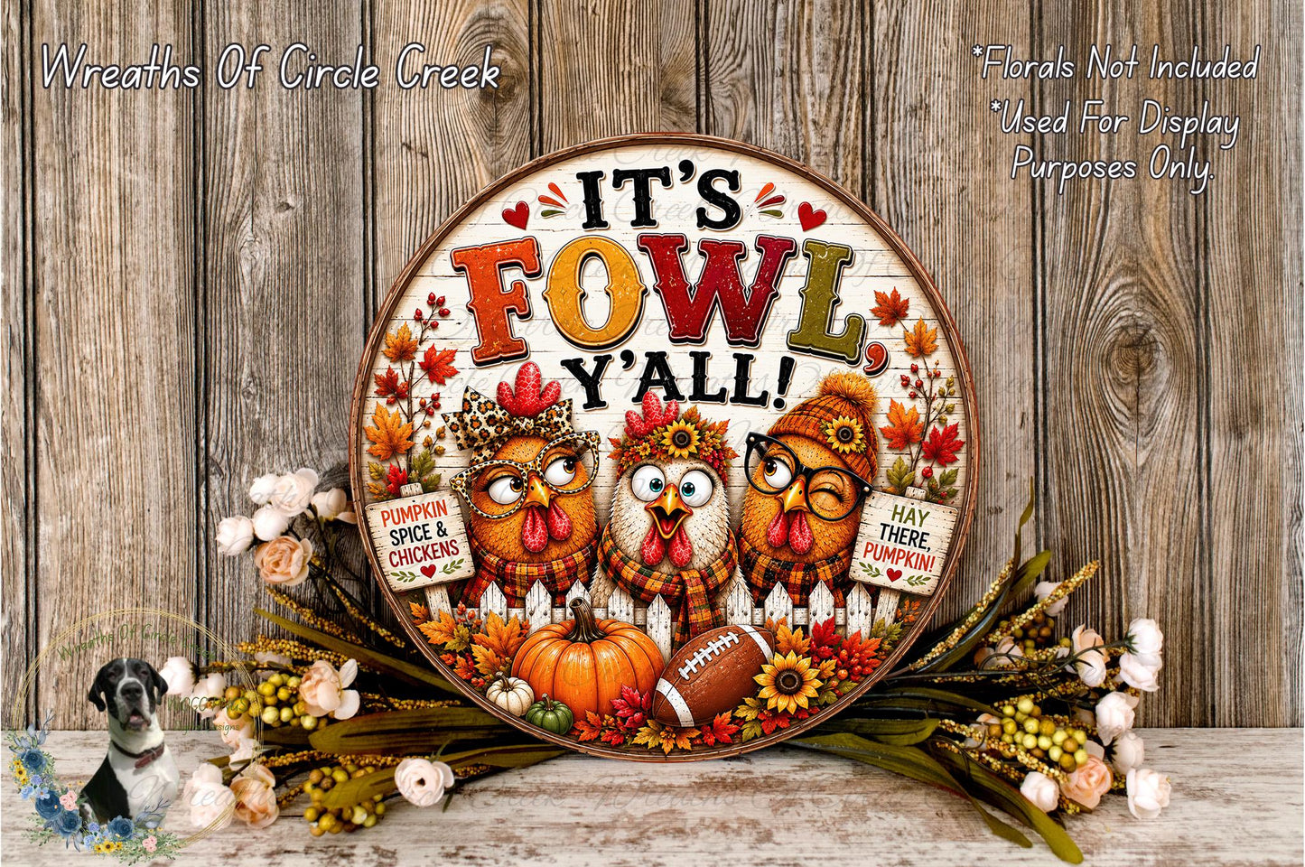 A decorative wreath with the text "It's Fowl Y'all!" and three cartoon owls, surrounded by fall-themed elements such as pumpkins, leaves, and flowers.