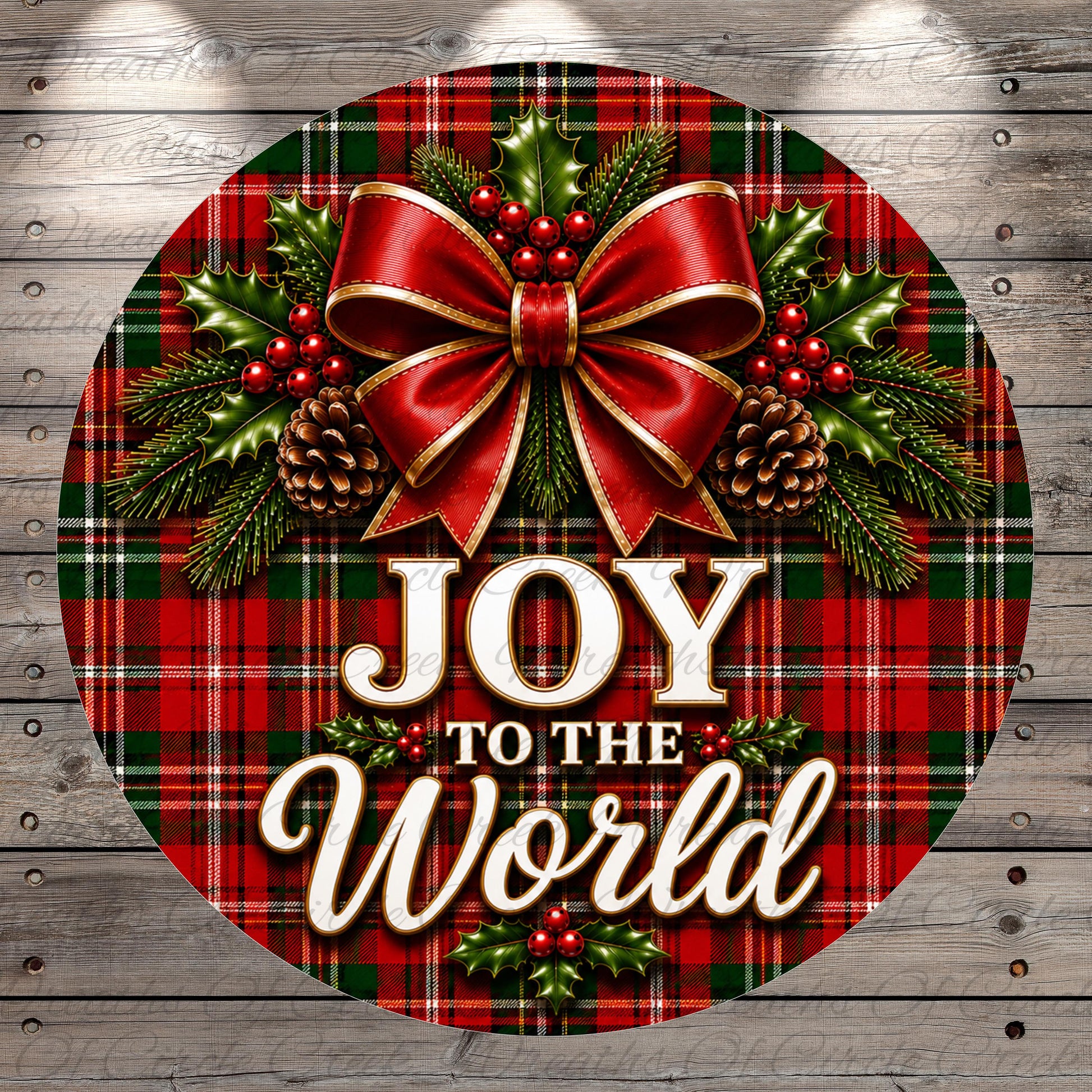 A festive Christmas-themed image featuring a red bow, pine cones, holly leaves, and berries, with the text "JOY to the World" displayed prominently.