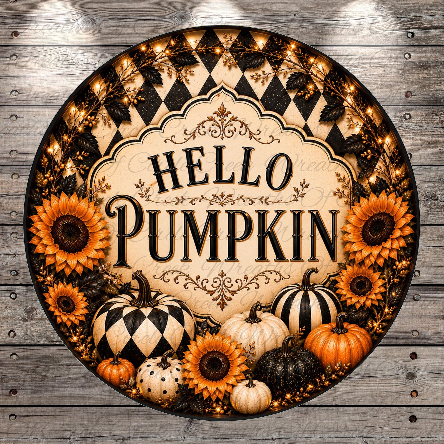 A decorative circular sign with the text "Hello Pumpkin" surrounded by various autumn-themed elements such as sunflowers, pumpkins, and gourds.