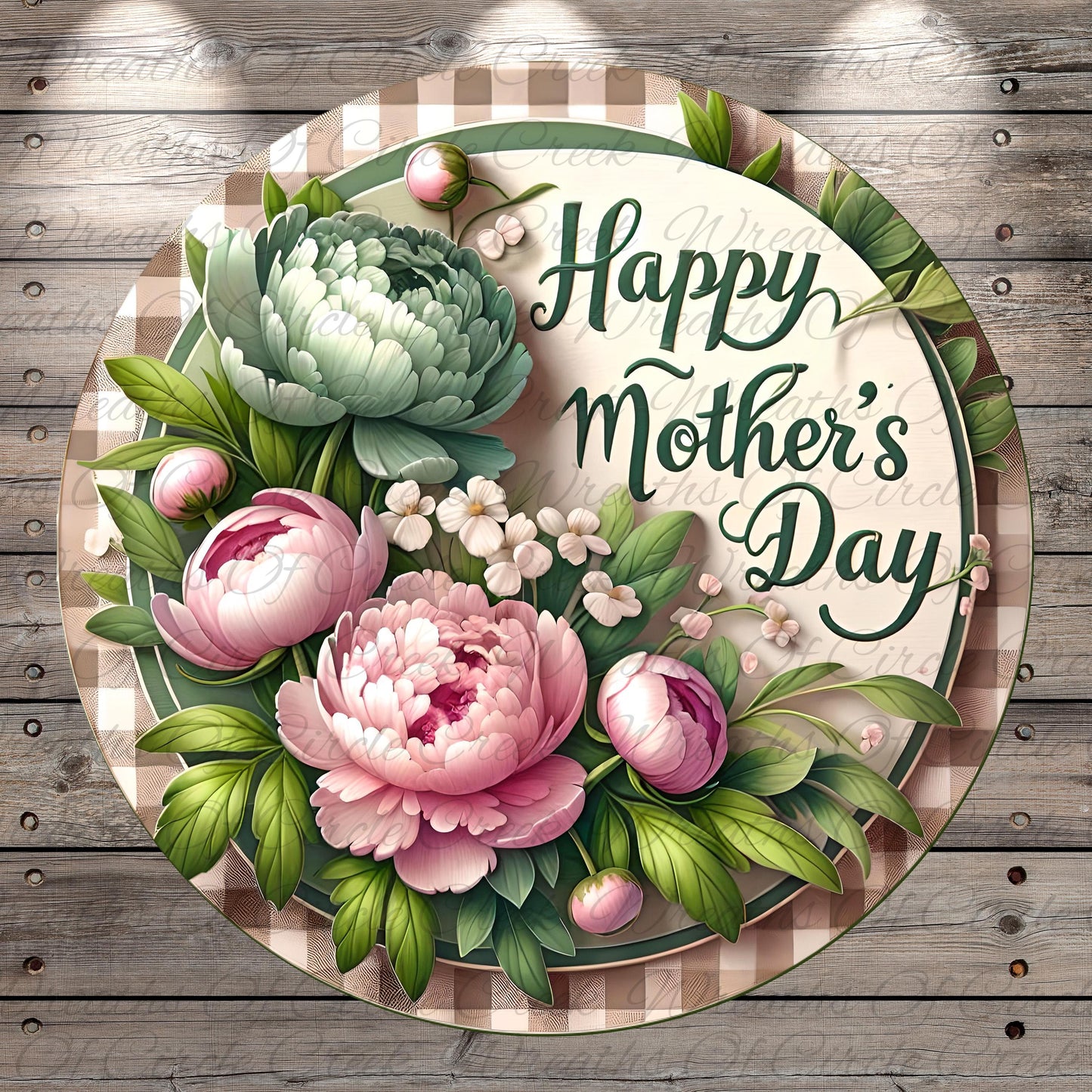 A round floral wreath with pink peonies and green leaves, surrounded by the text "Happy Mother's Day".
