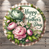 A round floral wreath with pink peonies and green leaves, surrounded by the text "Happy Mother's Day".