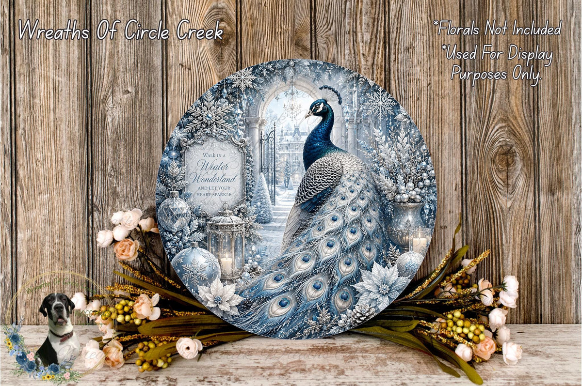 A decorative plate featuring a peacock surrounded by a winter wonderland scene, with a snowy landscape, trees, and flowers.