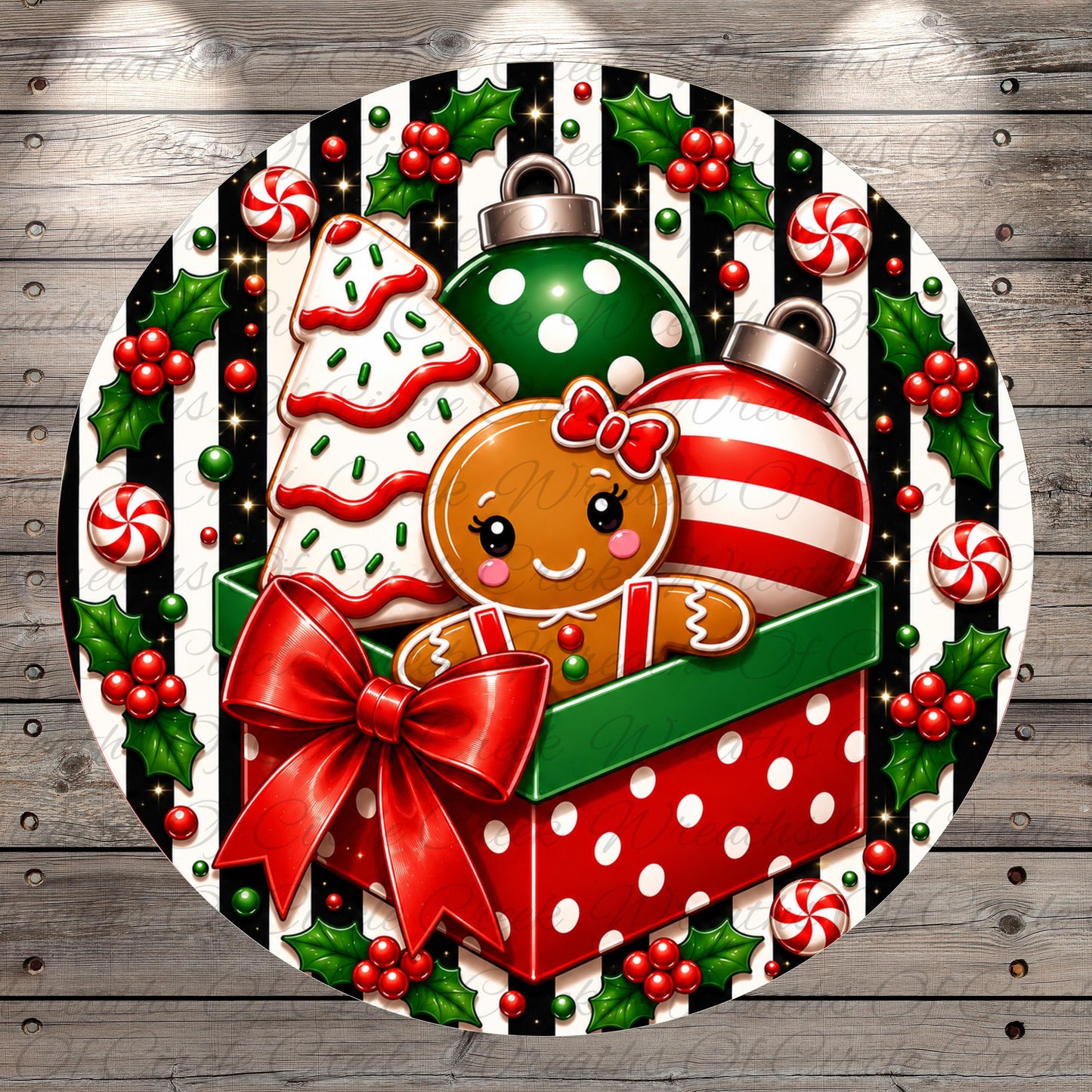 A festive Christmas-themed illustration featuring a gingerbread man, a Christmas tree, candy canes, and a red bow on a red and white polka dot box.