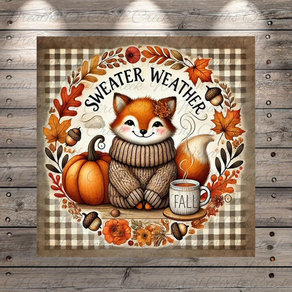A cozy illustration of a cat wearing a sweater and surrounded by autumn elements, including a pumpkin, leaves, and flowers, with the text "SWEATER WEATHER" and "FALL" prominently displayed.