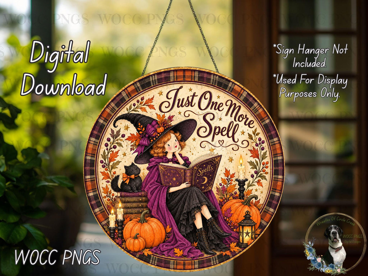 The image is a digital download of a Halloween-themed sign featuring a witch reading a book, surrounded by pumpkins, a cat, and a dog.