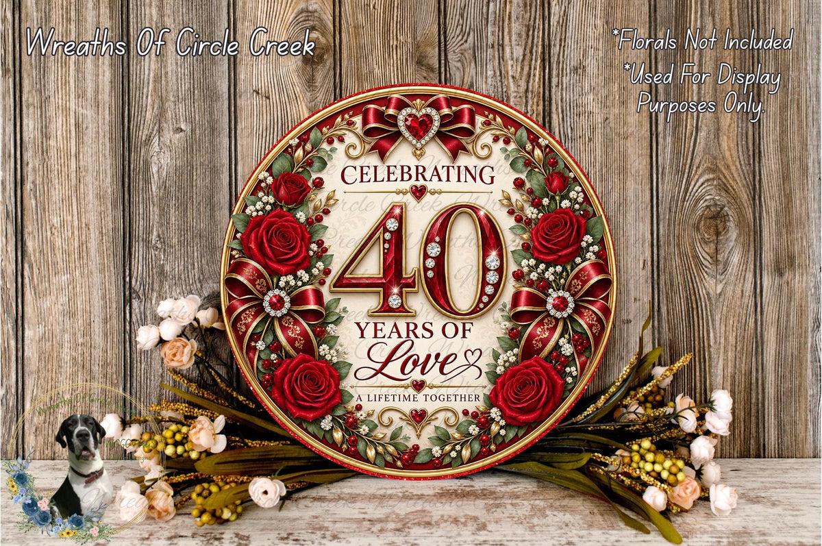 a decorative plaque celebrating 40 years of love, surrounded by a floral arrangement and placed on a wooden surface.
