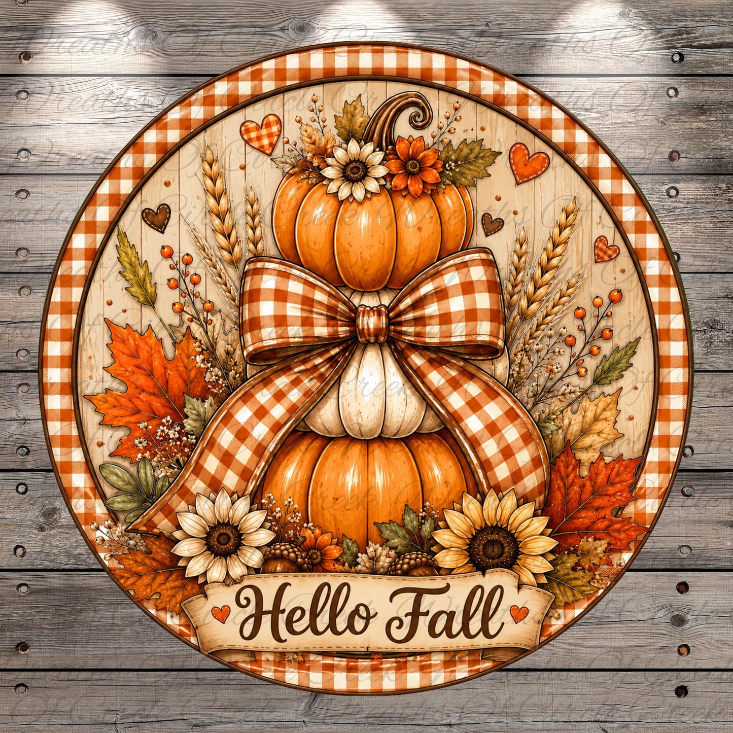 A decorative round sign with a bow, featuring a stack of pumpkins, sunflowers, leaves, and other fall-themed elements. The sign is surrounded by a checkered border and the text "Hello Fall" is displayed.