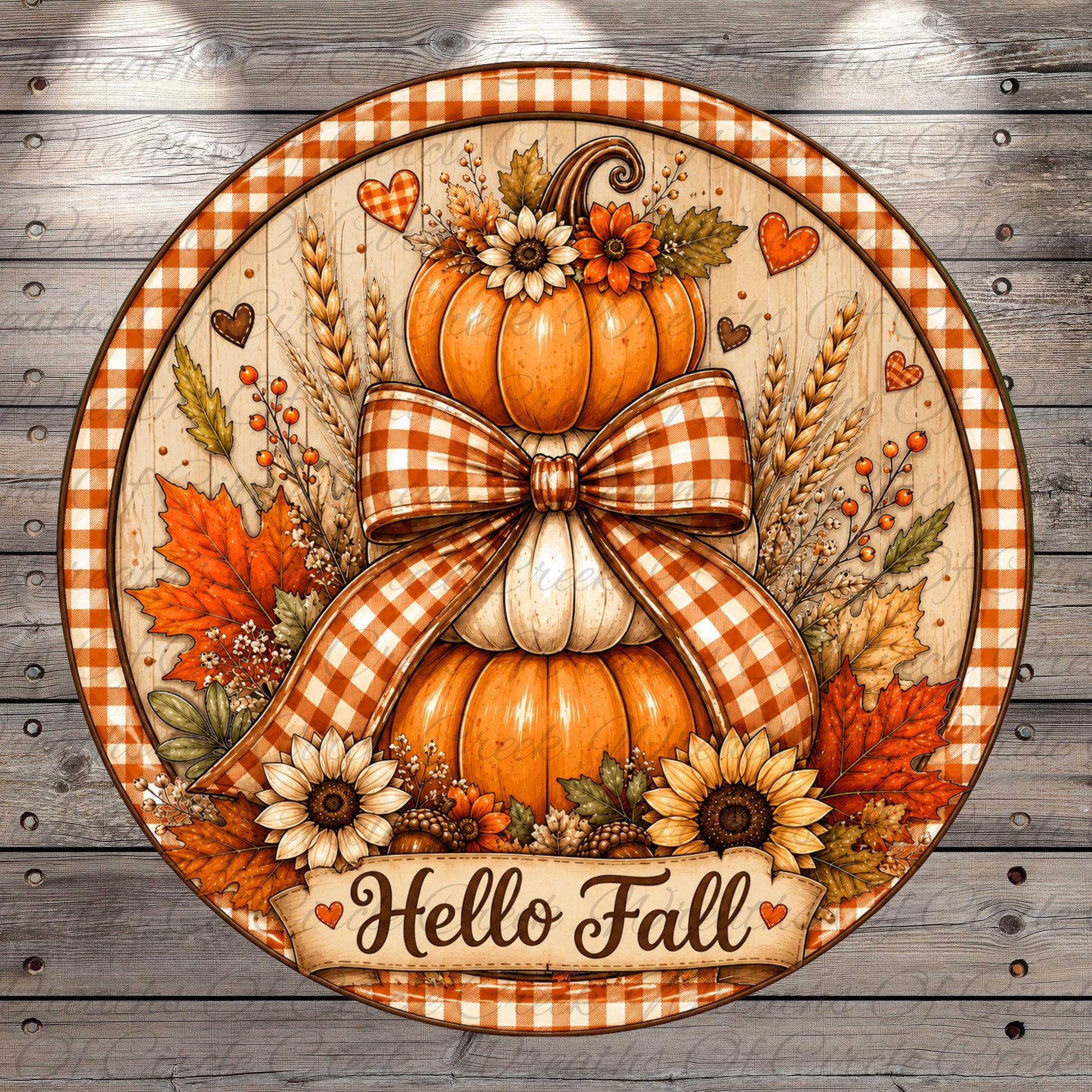 A decorative round sign with a bow, featuring a stack of pumpkins, sunflowers, leaves, and other fall-themed elements. The sign is surrounded by a checkered border and the text "Hello Fall" is displayed.