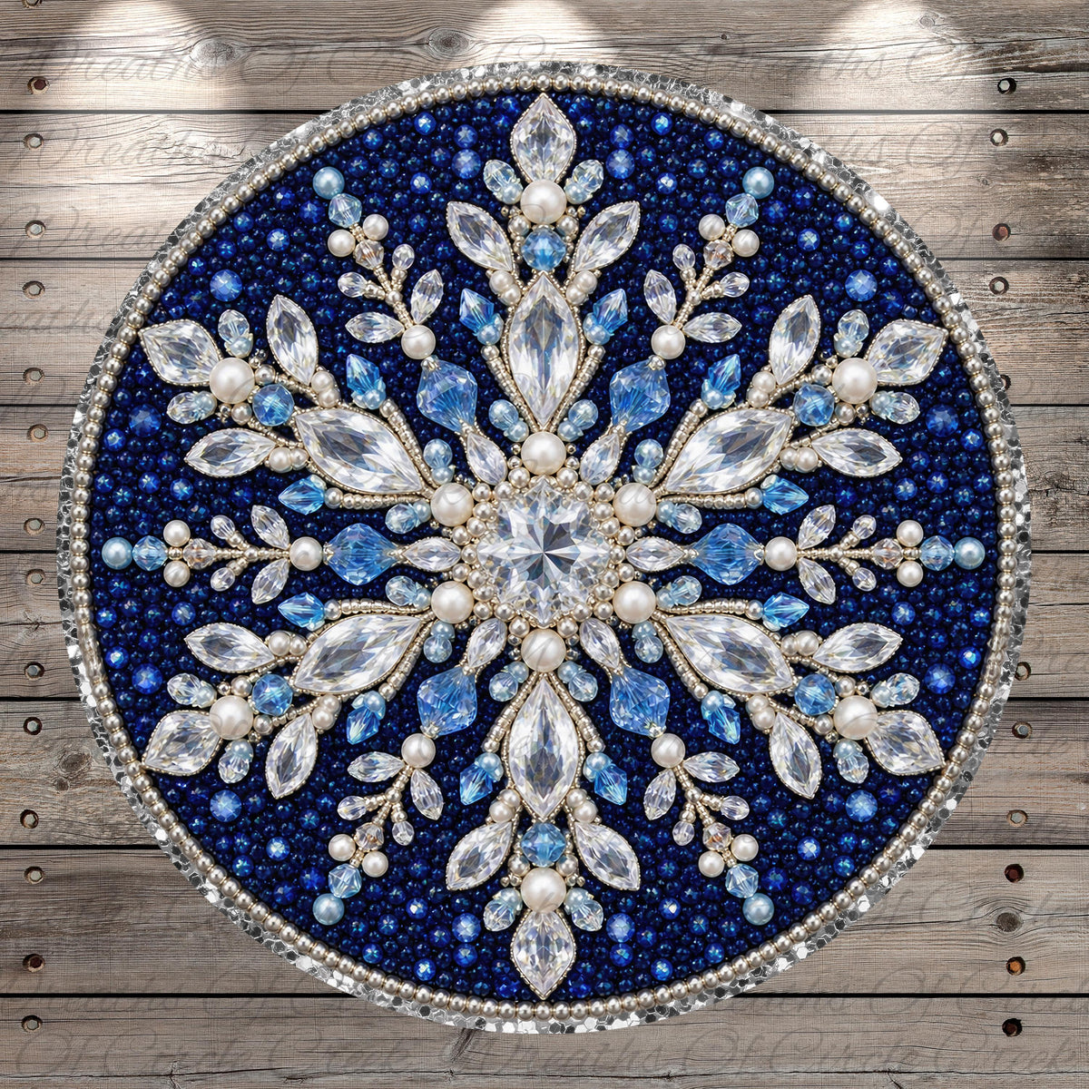a circular design with a blue and white color scheme, adorned with numerous sparkling jewels and pearls.