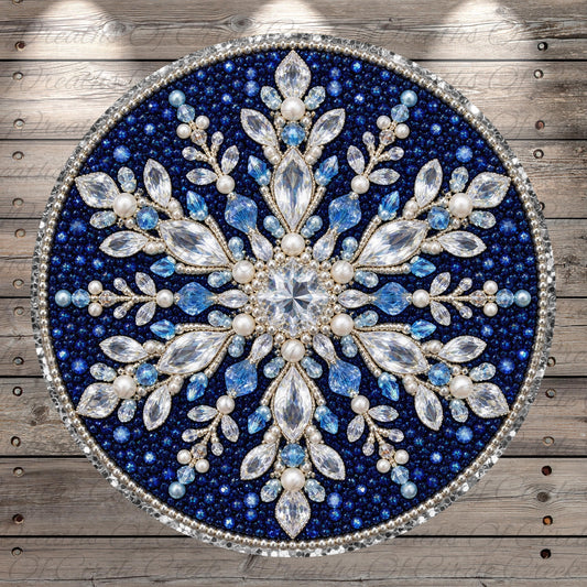 a circular design with a blue and white color scheme, adorned with numerous sparkling jewels and pearls.