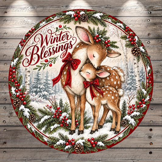 A decorative Christmas-themed plate featuring two deer, one larger and one smaller, with red bows on their heads and surrounded by pine cones, berries, and snow. The text "Winter Blessings" is written around the deer.