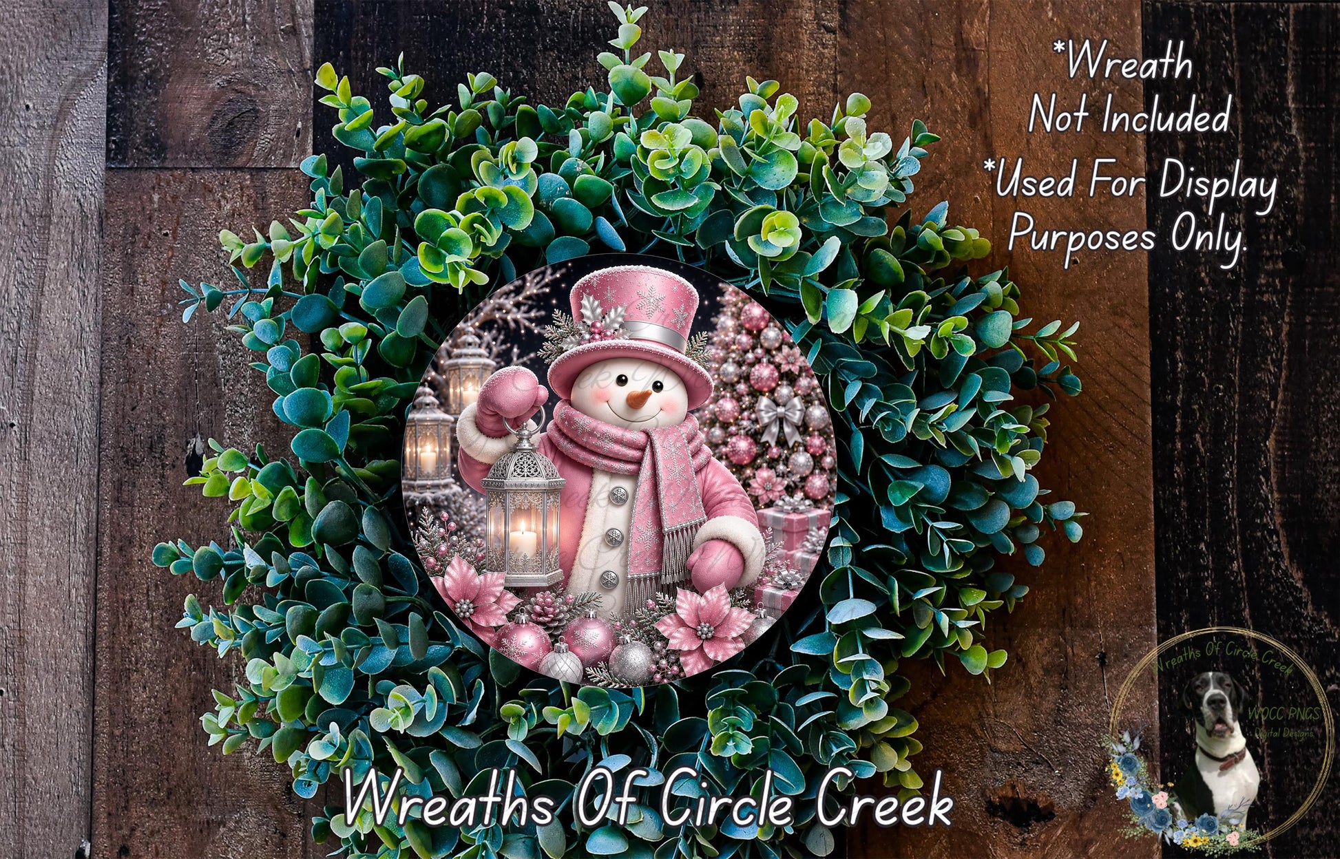 A wreath featuring a snowman surrounded by greenery and flowers, with a lantern in its hand.
