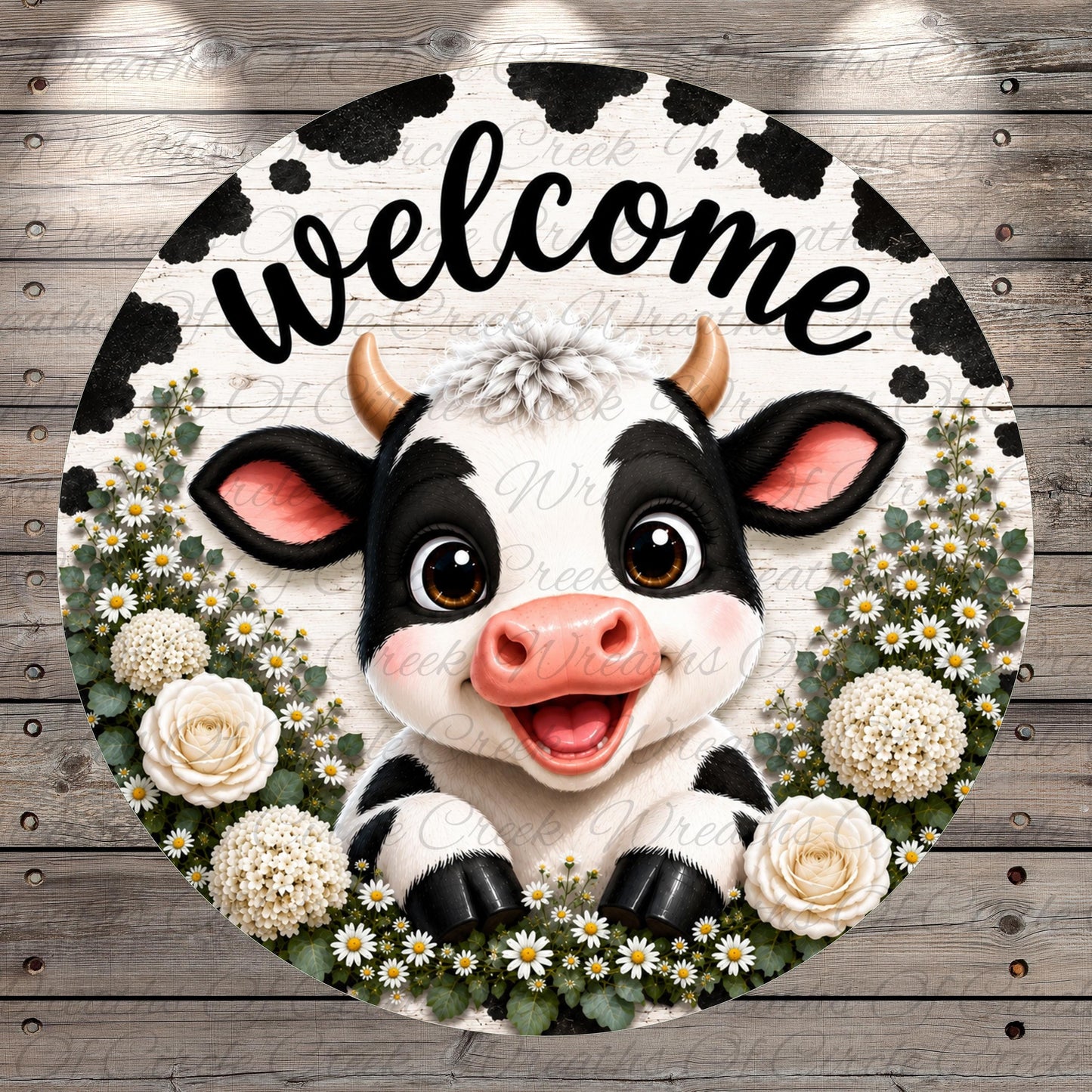 A black and white cow with horns is surrounded by white flowers and greenery, with the word "welcome" written above it.