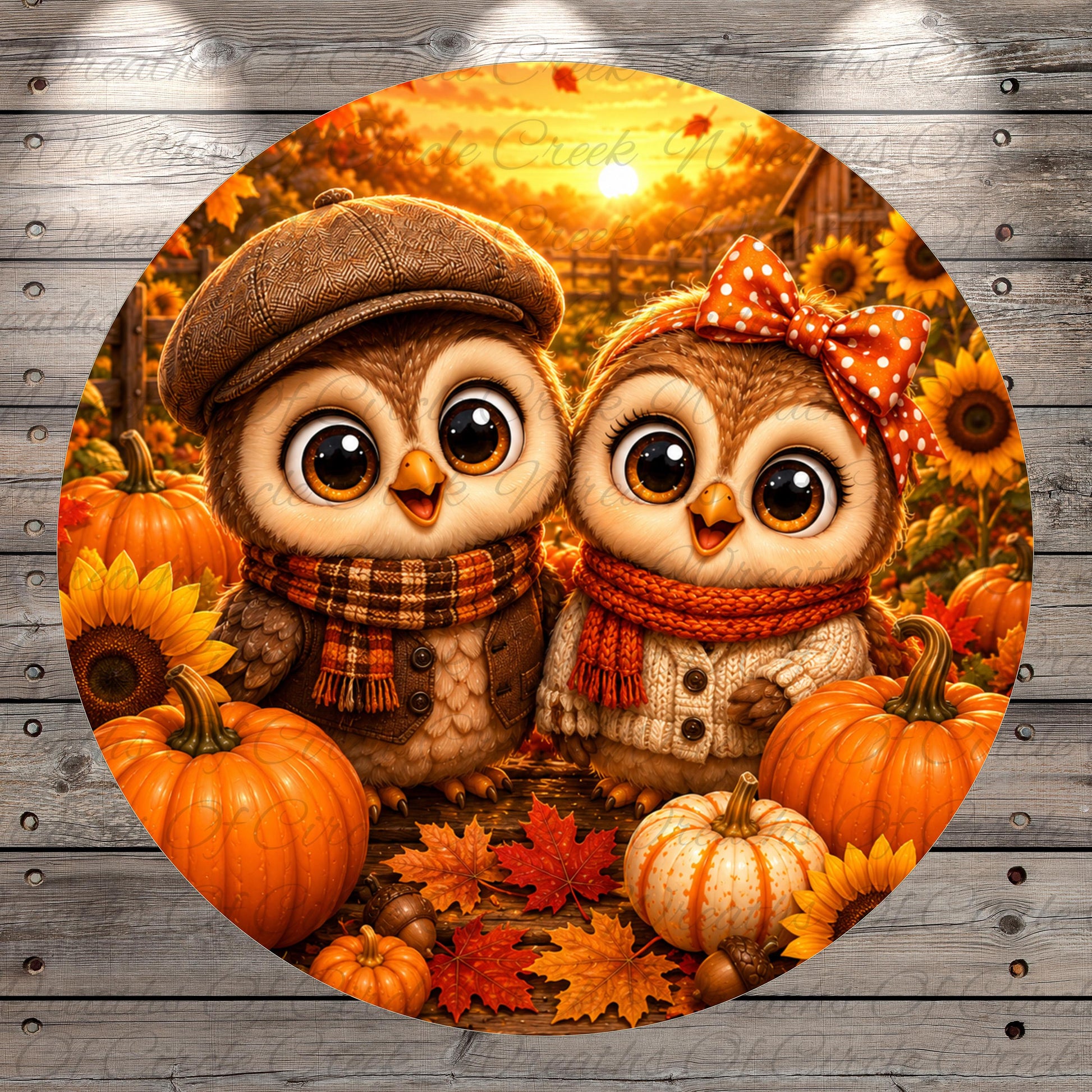 A pair of cartoon owls, one wearing a hat and scarf and the other with a bow, are surrounded by pumpkins, sunflowers, and autumn leaves in a vibrant fall scene.