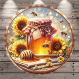 A jar of honey surrounded by sunflowers, bees, and a honeycomb, with a wooden frame and a decorative border.