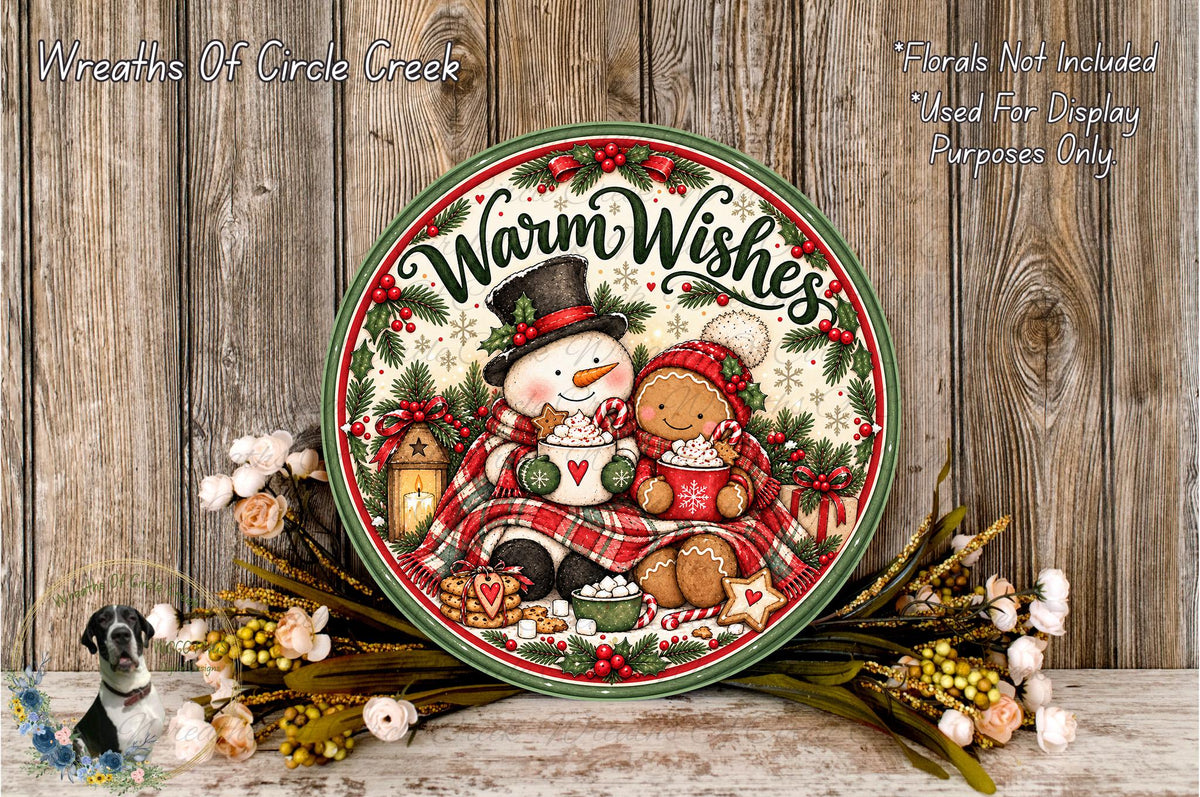 A round metal plate with a snowman and gingerbread man, surrounded by flowers and a wreath, against a wooden background.