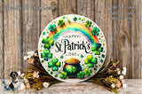 A round sign with a rainbow and St. Patrick&#39;s Day motif, surrounded by a pot of gold coins, flowers, and a wooden background.
