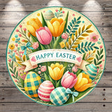 A round, decorative Easter-themed design featuring a variety of colorful flowers, eggs, and a banner with the text "Happy Easter".