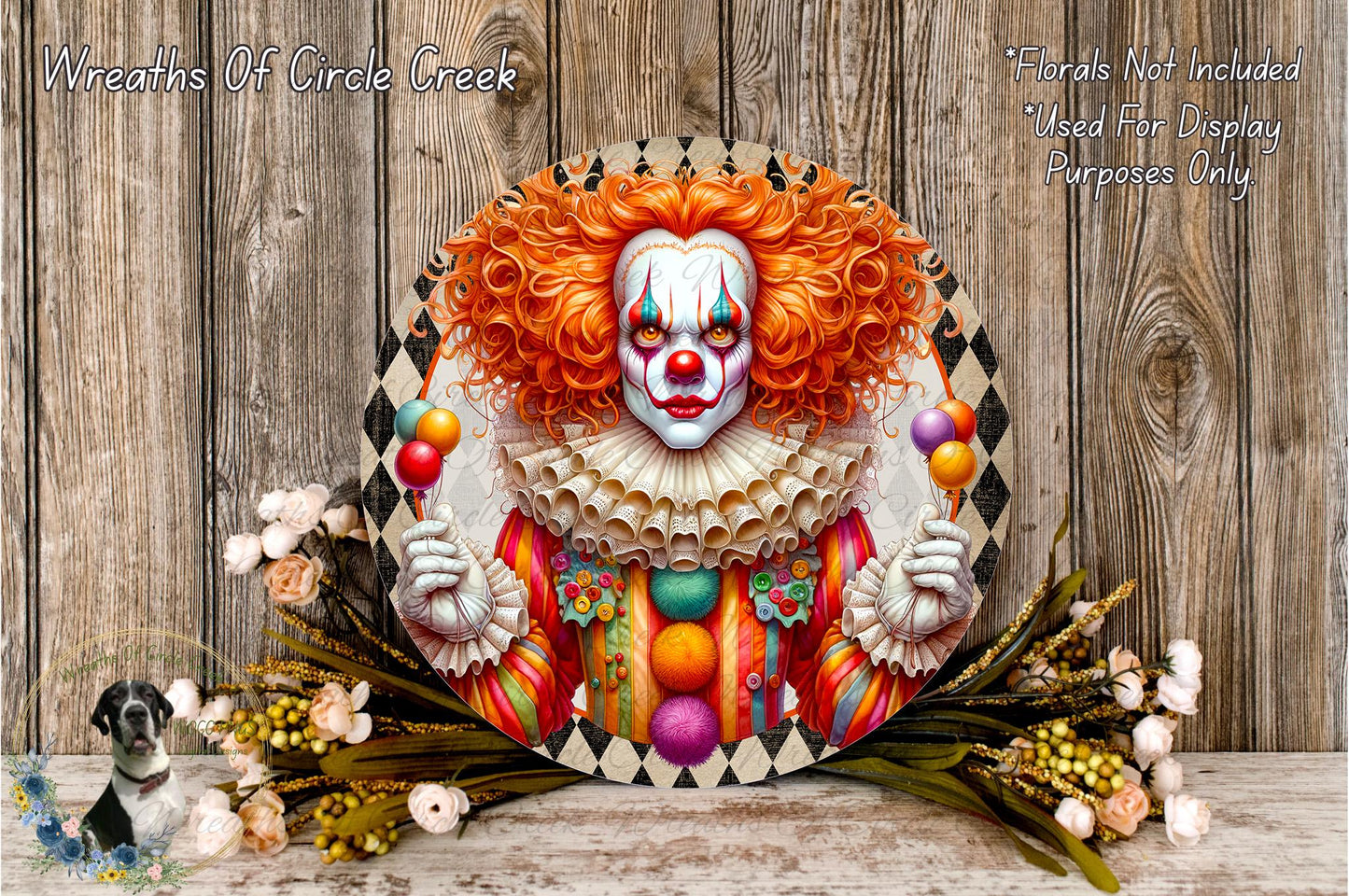 a clown with a red wig and a white face, holding colorful balloons, surrounded by flowers and a wooden background.