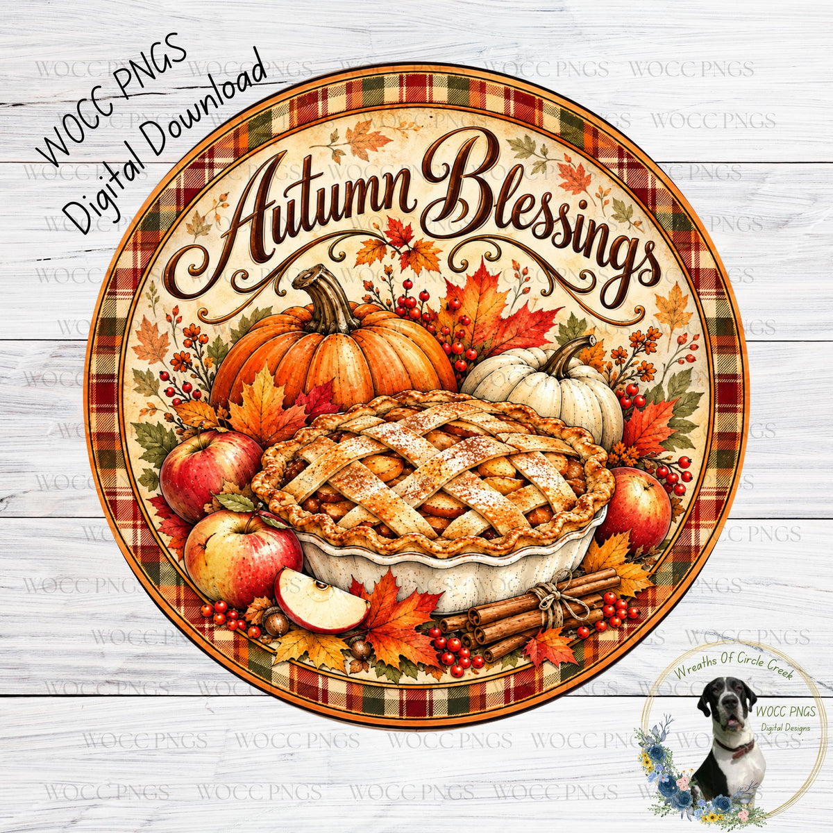 The image is a decorative plate featuring a pie surrounded by autumn-themed elements such as pumpkins, apples, and cinnamon sticks.